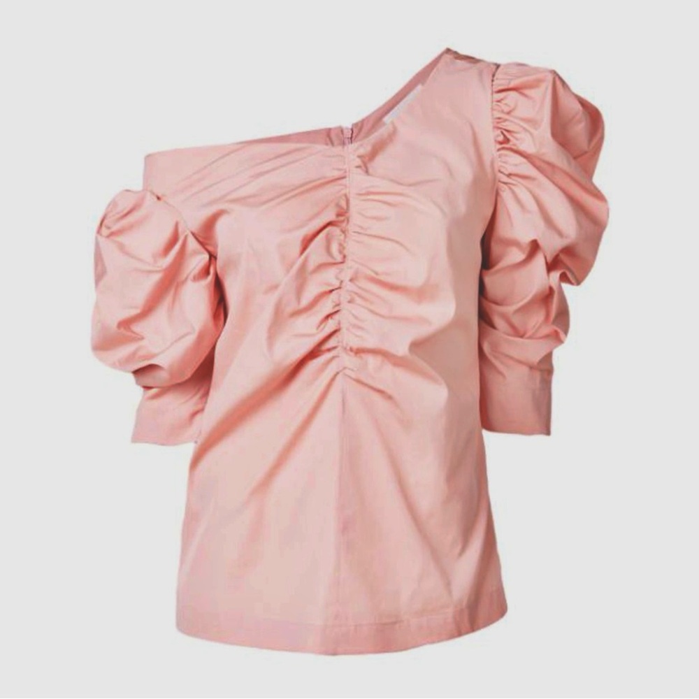 Asymmetric off the shoulder top in blush